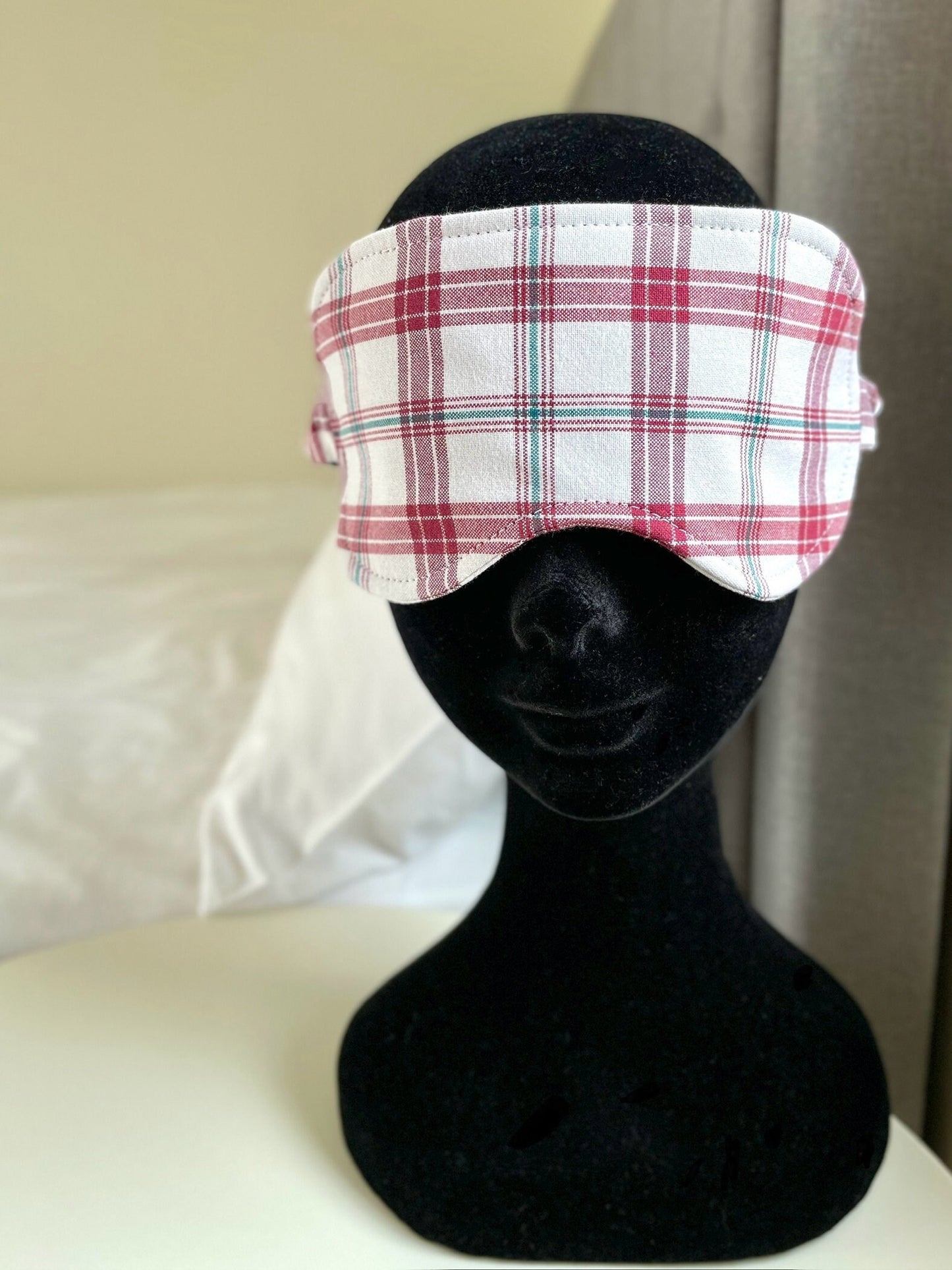 red, green and white checked cotton sleep mask handmade in Ireland using upcycled fabrics