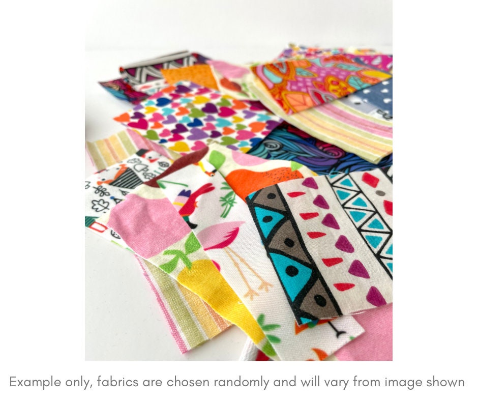 Colourful small fabric samples in a random selection of patterns, use for card making, doll clothing, collages and craft or mixed media art projects.