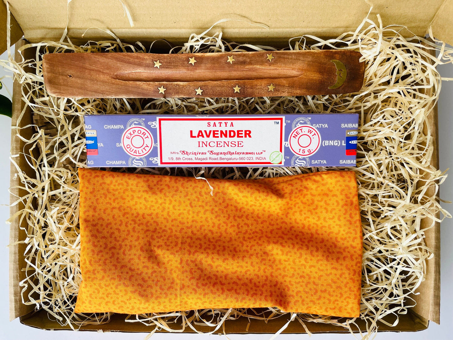 boxed Gift Set with handmade Orange weighted eye pillow, box of lavender incense and a wooden incense stick holder