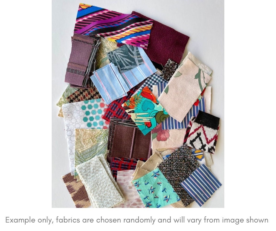 Small pieces of random fabric scraps in different colours and patterns. Use for slow stitching, craft box supplies, collages. Irish store.