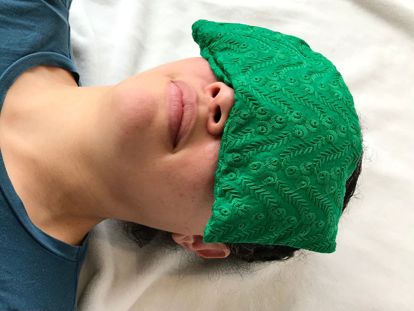 Green Embroidered Weighted Eye Pillow Handmade with Upcycled Fabric