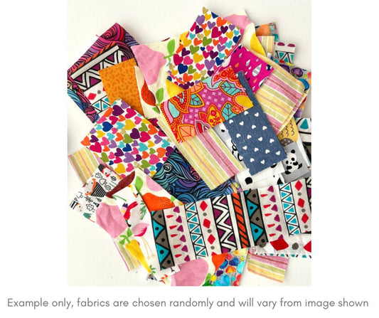 Multicolour fabric snippets in rectangular shapes for craft, sewing and art projects. Variety of colours and fun patterns.
