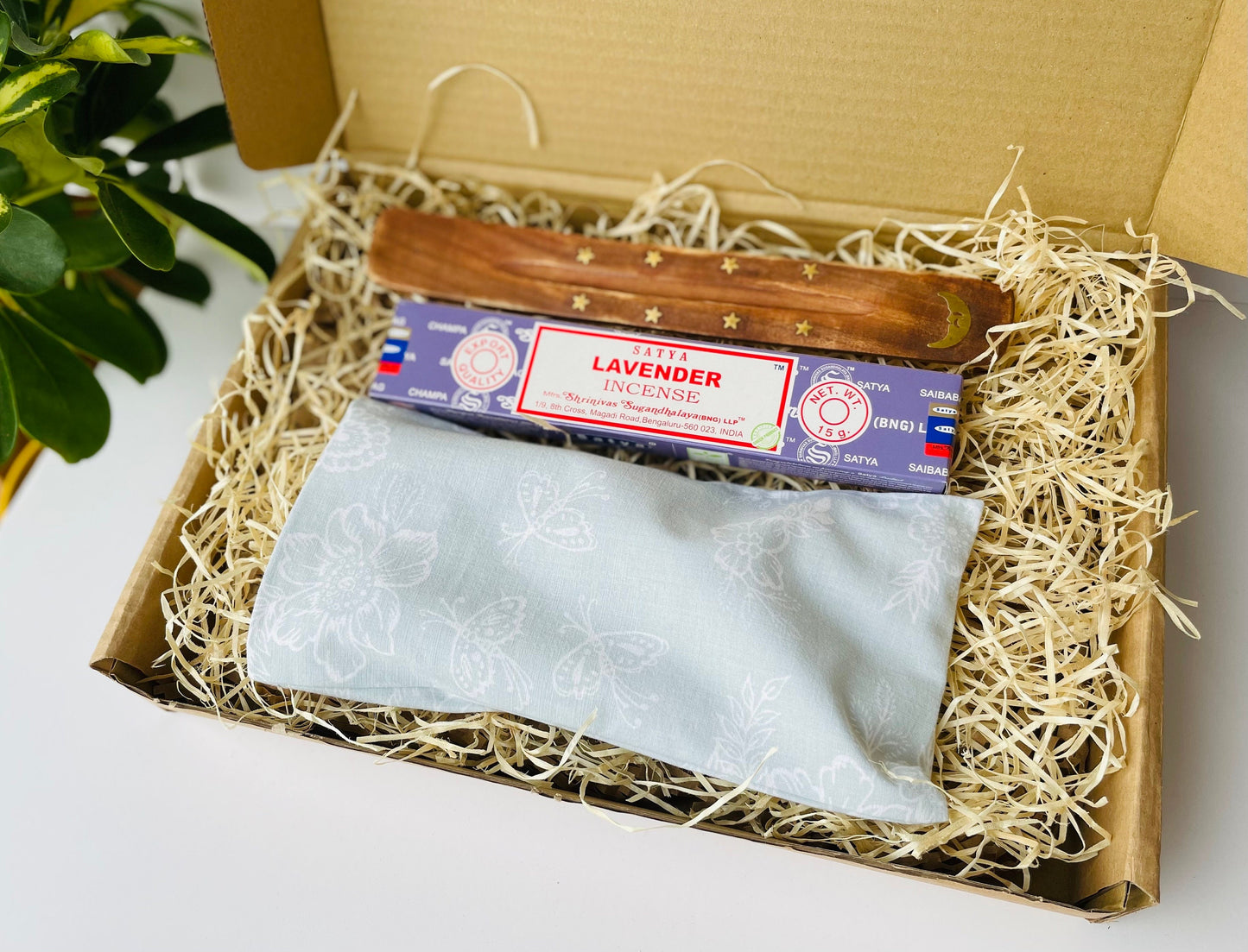 Yoga accessory gift set with handmade upcycled blue floral weighted eye pillow and lavender incense set