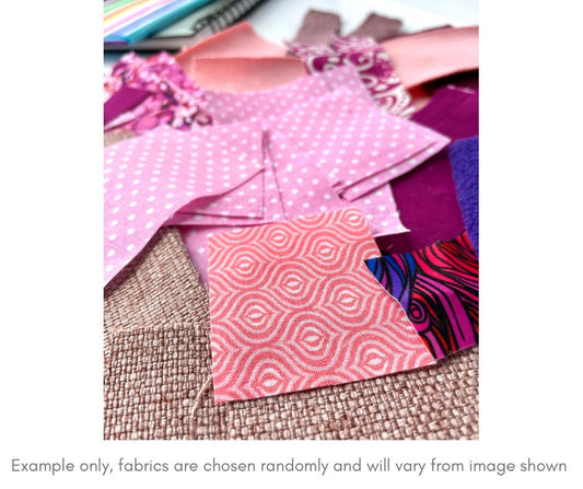 pink and purple small fabric snippets in an assortment of patterns and material types. Useful craft box supplies