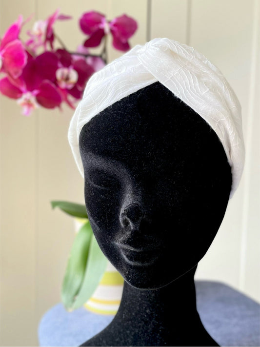 White Embroidered Crossover Headband