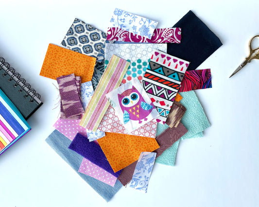 Fabric snippets in assorted colours and patterns to use for slow stitching projects, junk journals and crumb quilting