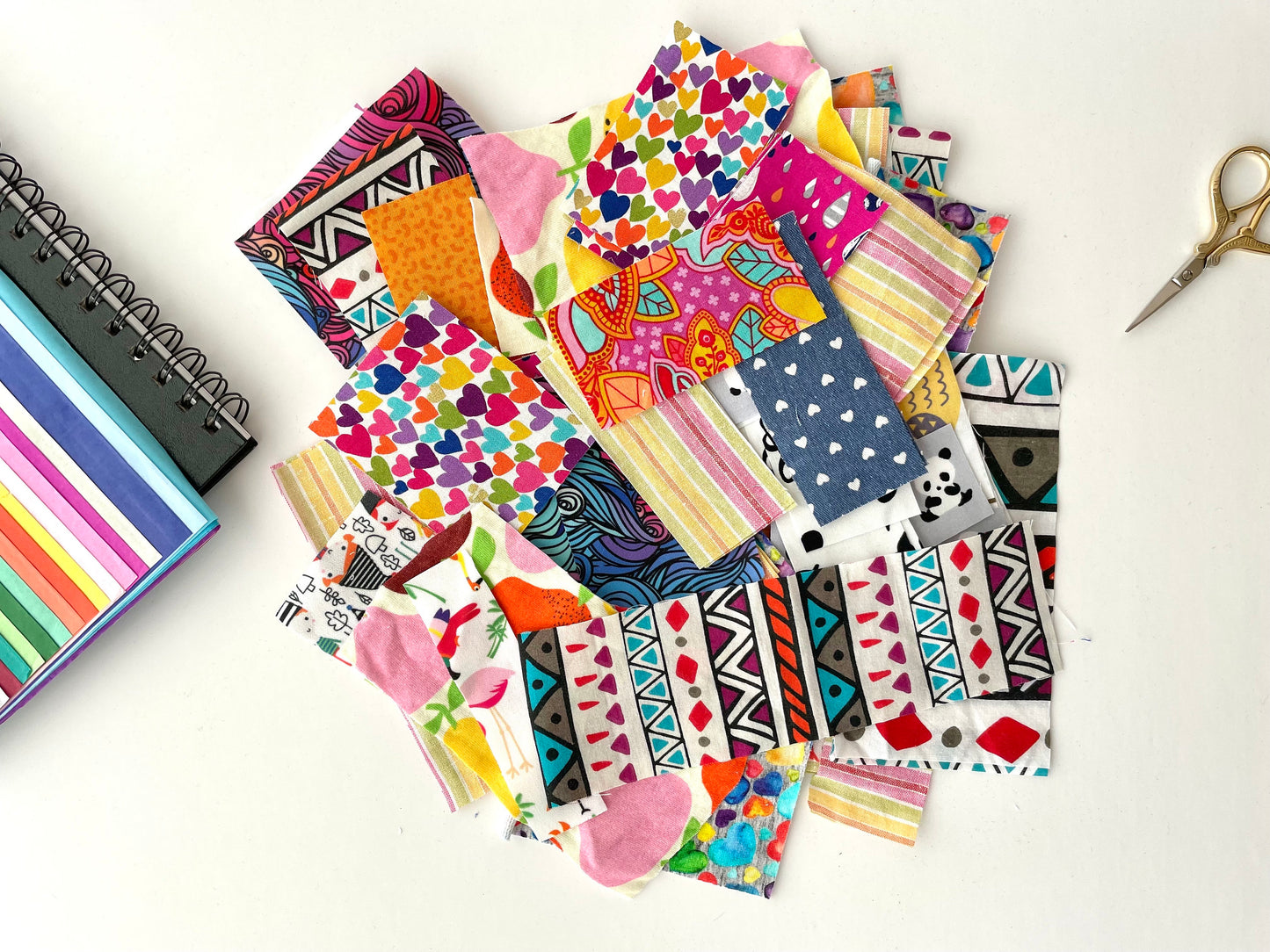 Fun fabric samples in a multicolour theme in a variety of patterns. Small fabric scraps for craft projects and kids craft sets.