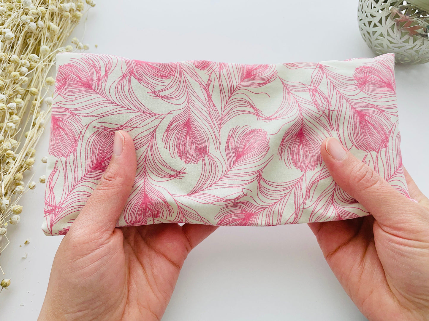 Pink Feathers Weighted Eye Pillow Handmade with Upcycled Fabric