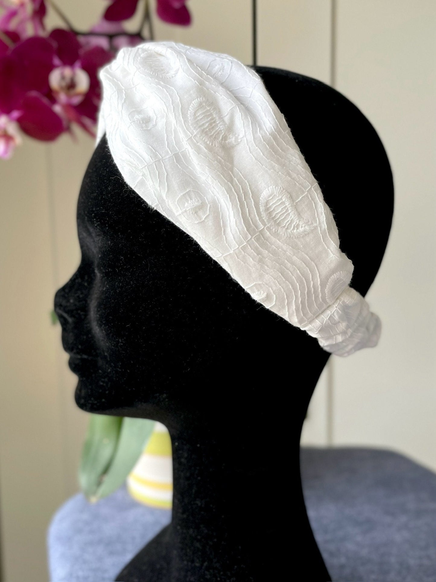 White Embroidered Crossover Headband