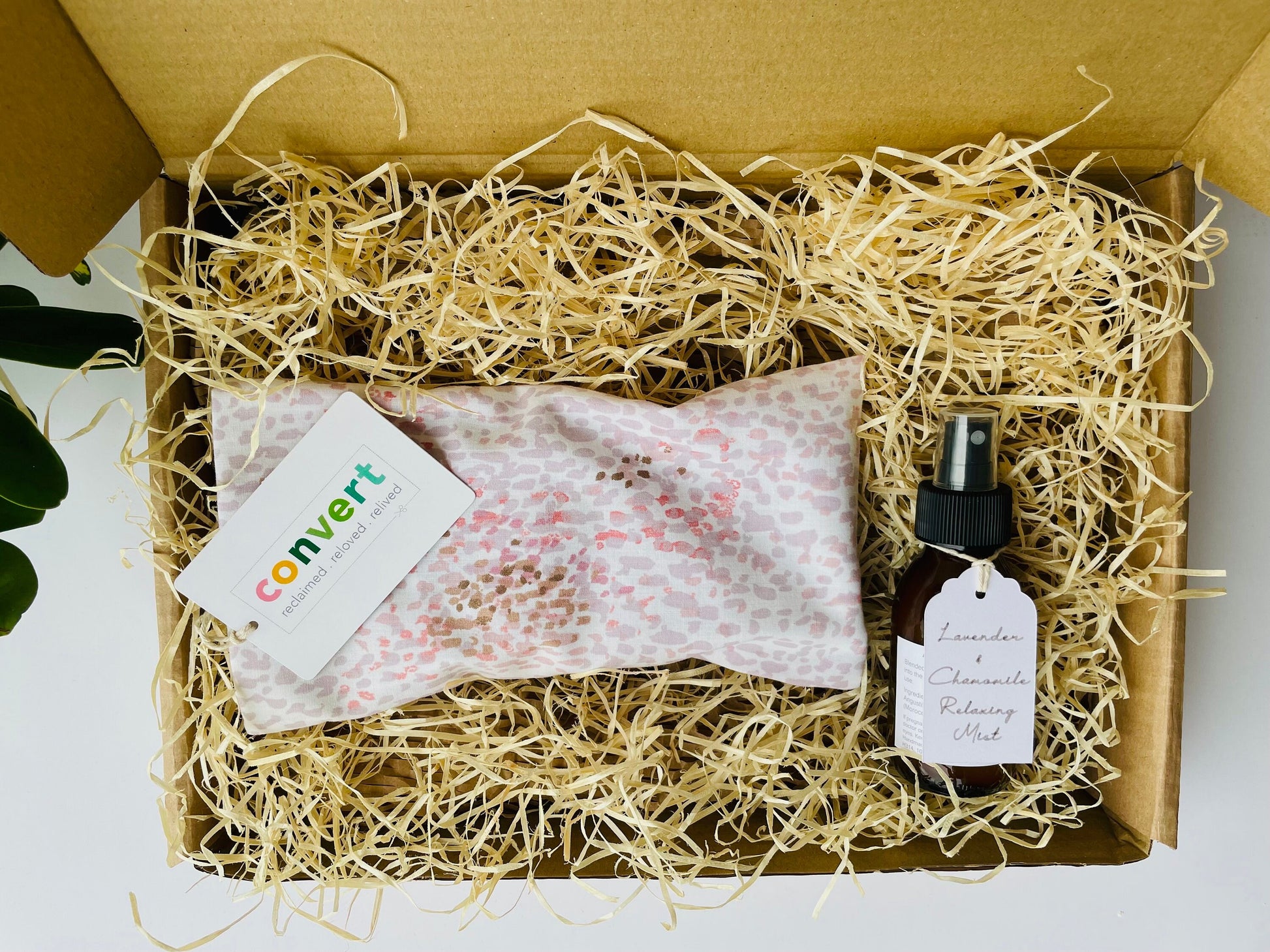 sleep gift set with pink weighted eye pillow and glass bottle of lavender room mist, handmade in Ireland.