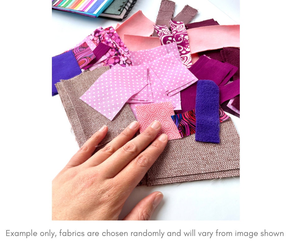 Small fabric samples in pink and purple in a random selection of patterns. Dispatches from Ireland, ideal childrens craft supplies and for card making