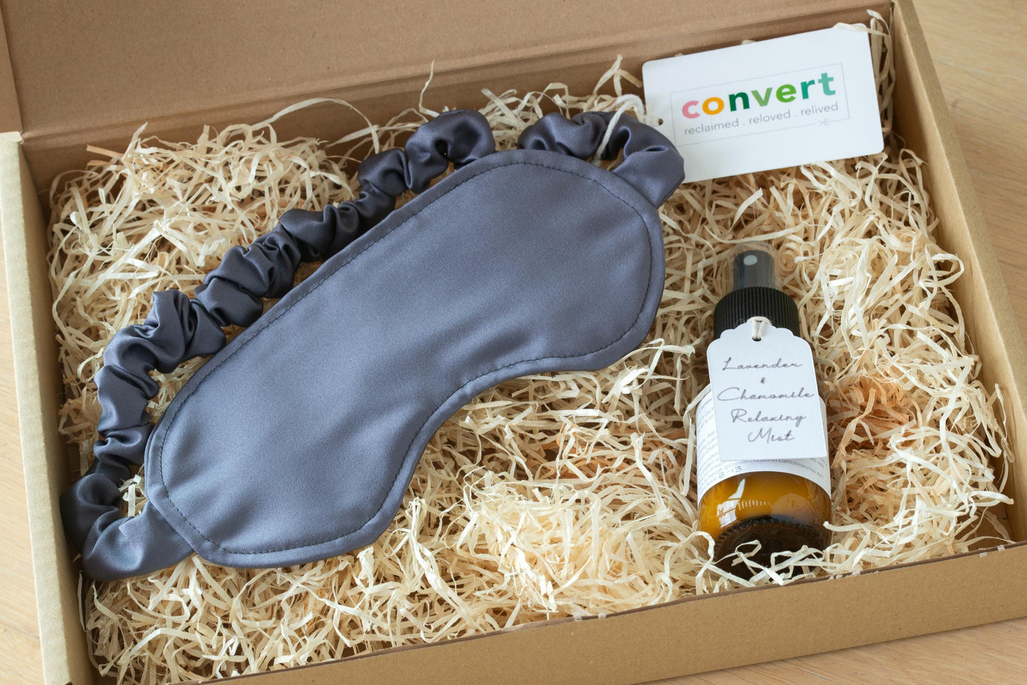 Sleep gift set boxed with unisex grey satin eye mask and a bottle of lavender essential oil pillow spray. Handmade in Ireland