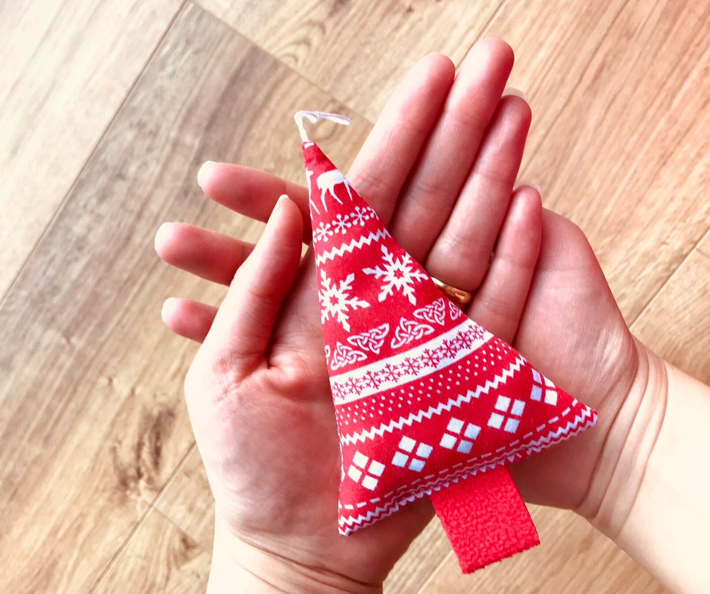 Upcycled Christmas tree shape decoriation in red scandi pattern fabric, handmade in Ireland