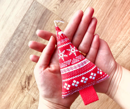 Upcycled Christmas tree shape decoriation in red scandi pattern fabric, handmade in Ireland